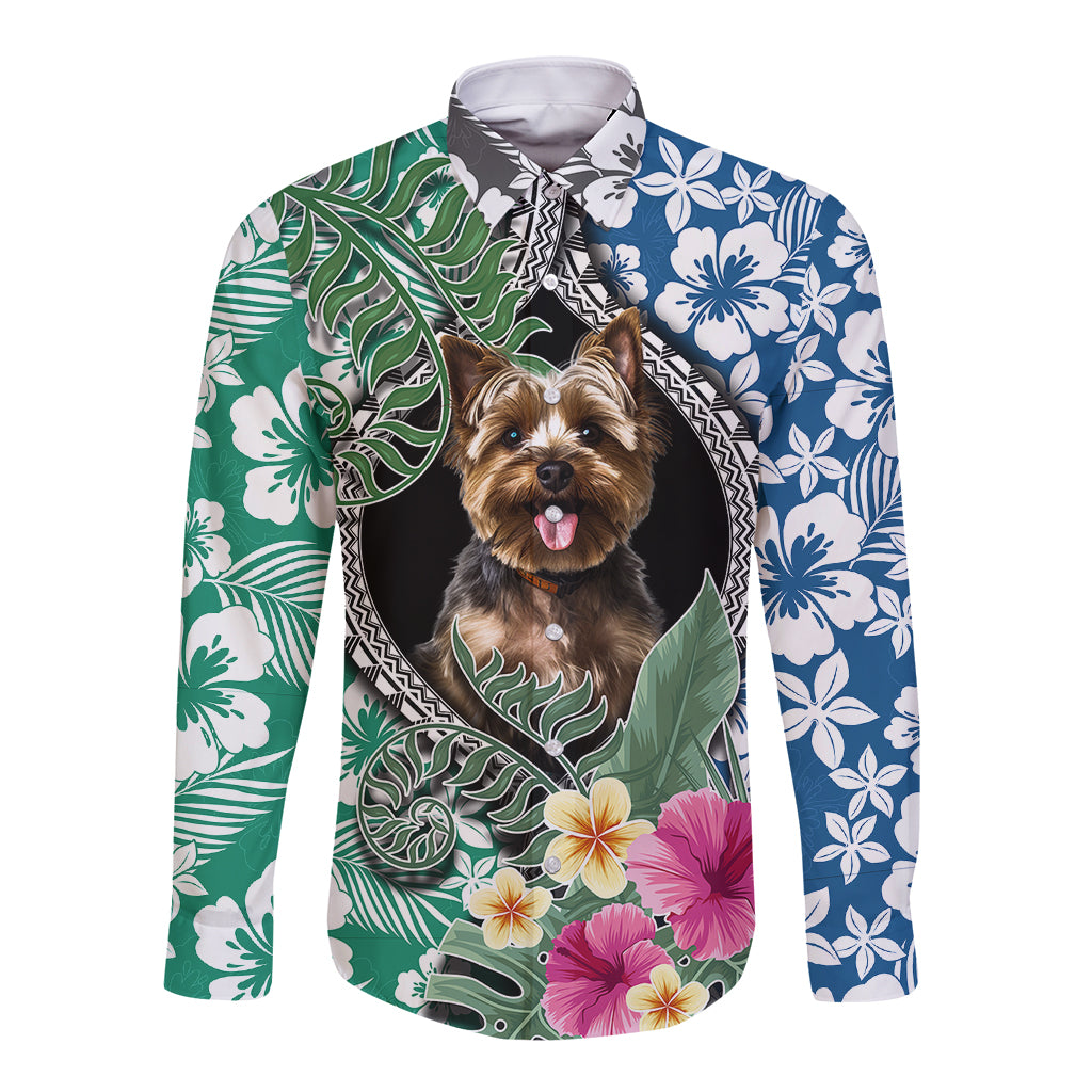 Polynesian Yorkshire Terrier Long Sleeve Button Shirt Polynesian Pattern And Yorkshire Terrier - Wonder Print Shop