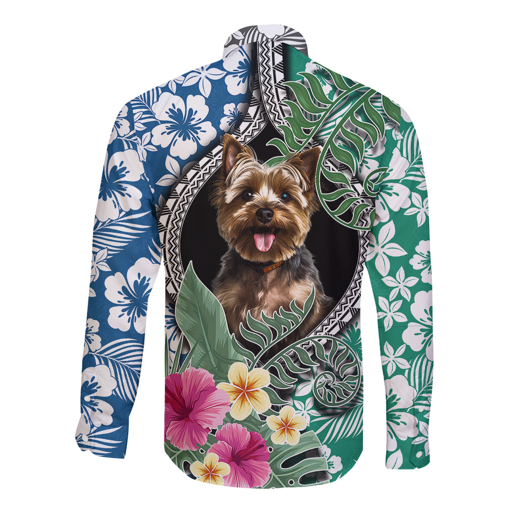 Polynesian Yorkshire Terrier Long Sleeve Button Shirt Polynesian Pattern And Yorkshire Terrier - Wonder Print Shop