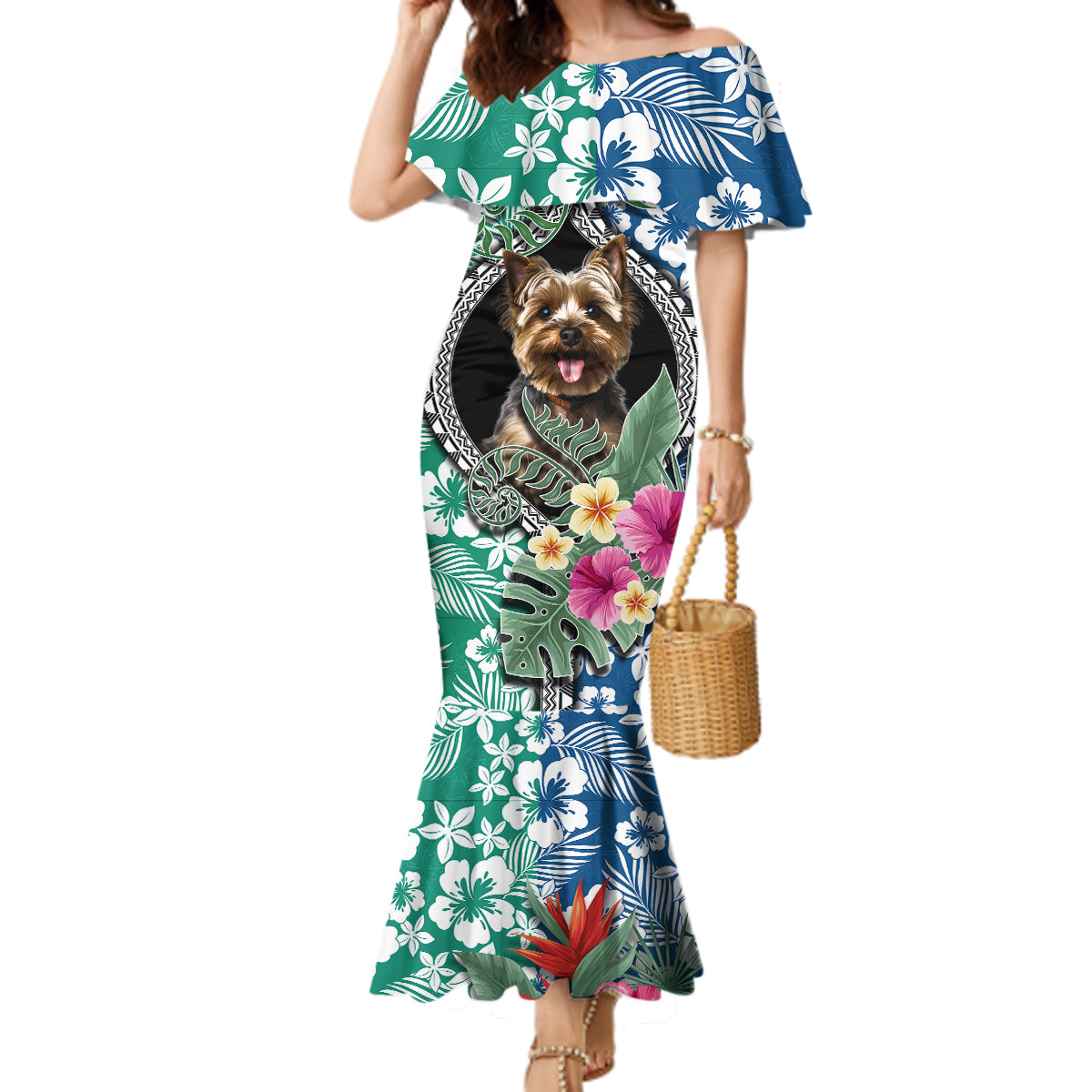 Polynesian Yorkshire Terrier Mermaid Dress Polynesian Pattern And Yorkshire Terrier - Wonder Print Shop