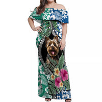 Polynesian Yorkshire Terrier Off Shoulder Maxi Dress Polynesian Pattern And Yorkshire Terrier - Wonder Print Shop