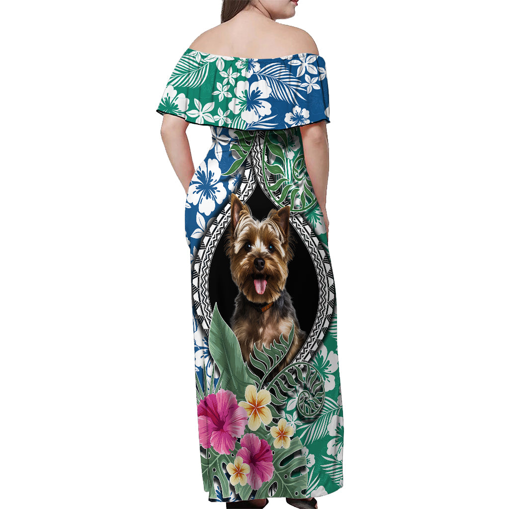 Polynesian Yorkshire Terrier Off Shoulder Maxi Dress Polynesian Pattern And Yorkshire Terrier - Wonder Print Shop