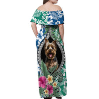 Polynesian Yorkshire Terrier Off Shoulder Maxi Dress Polynesian Pattern And Yorkshire Terrier - Wonder Print Shop