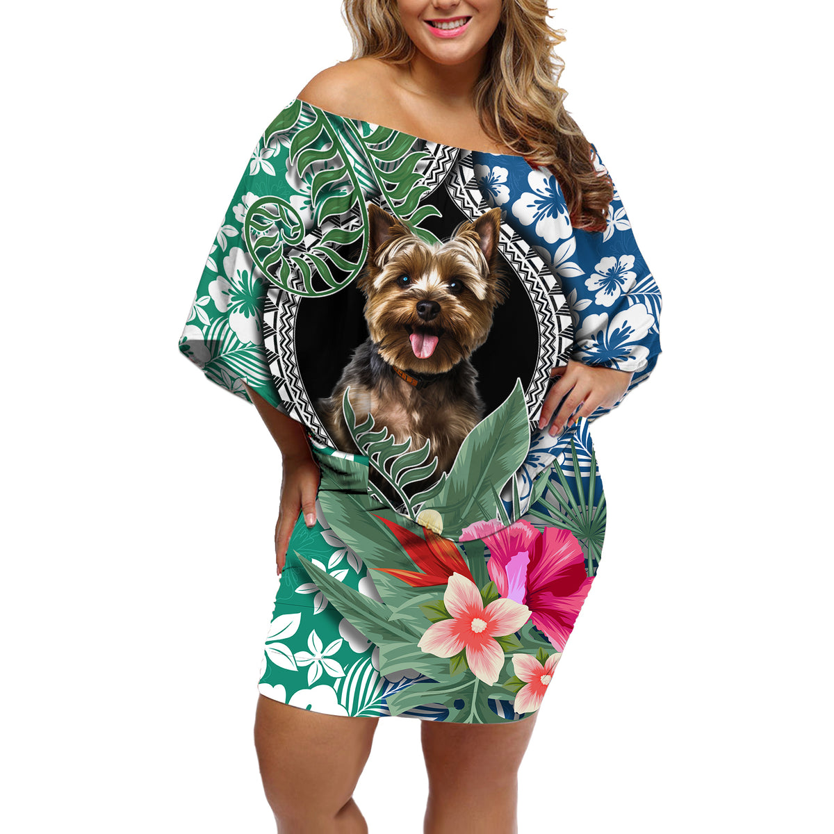 Polynesian Yorkshire Terrier Off Shoulder Short Dress Polynesian Pattern And Yorkshire Terrier - Wonder Print Shop