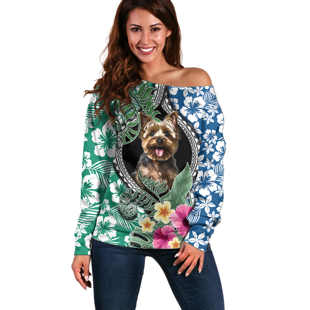 Polynesian Yorkshire Terrier Off Shoulder Sweater Polynesian Pattern And Yorkshire Terrier - Wonder Print Shop