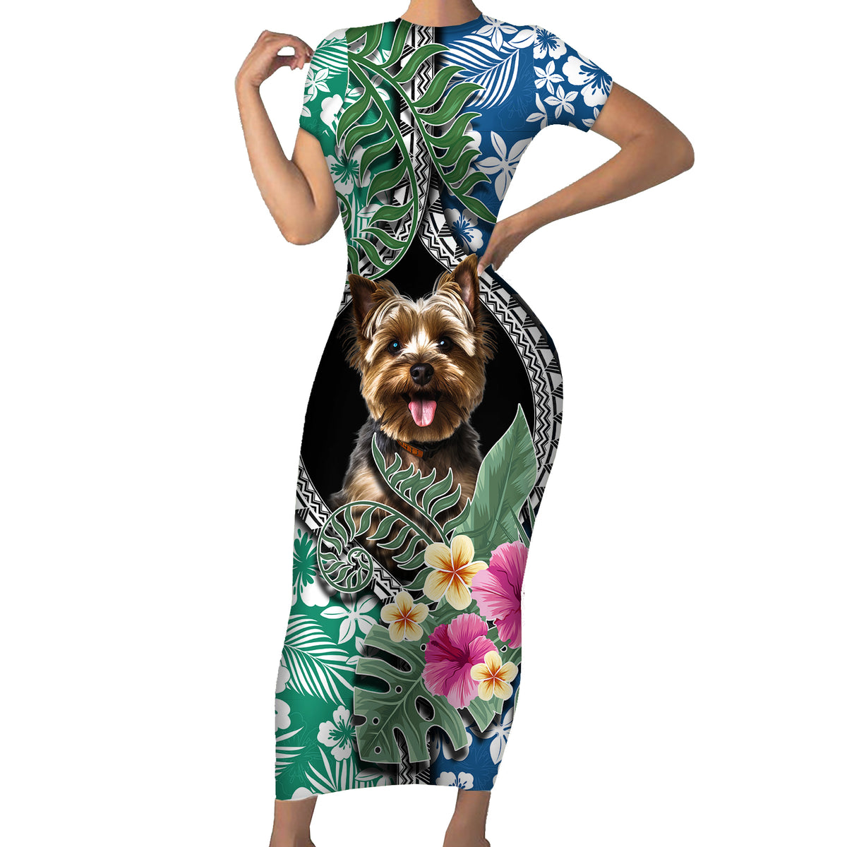 Polynesian Yorkshire Terrier Short Sleeve Bodycon Dress Polynesian Pattern And Yorkshire Terrier - Wonder Print Shop