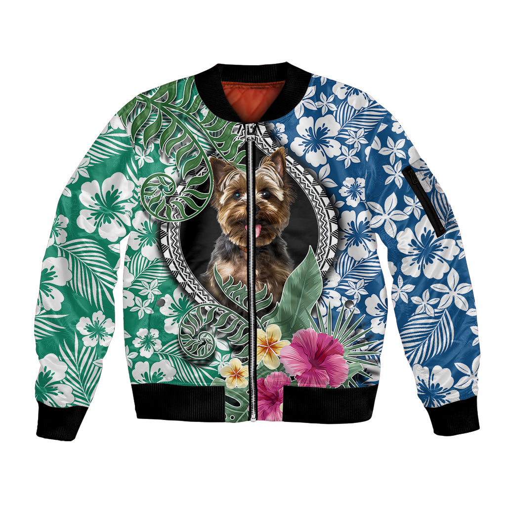Polynesian Yorkshire Terrier Sleeve Zip Bomber Jacket Polynesian Pattern And Yorkshire Terrier - Wonder Print Shop
