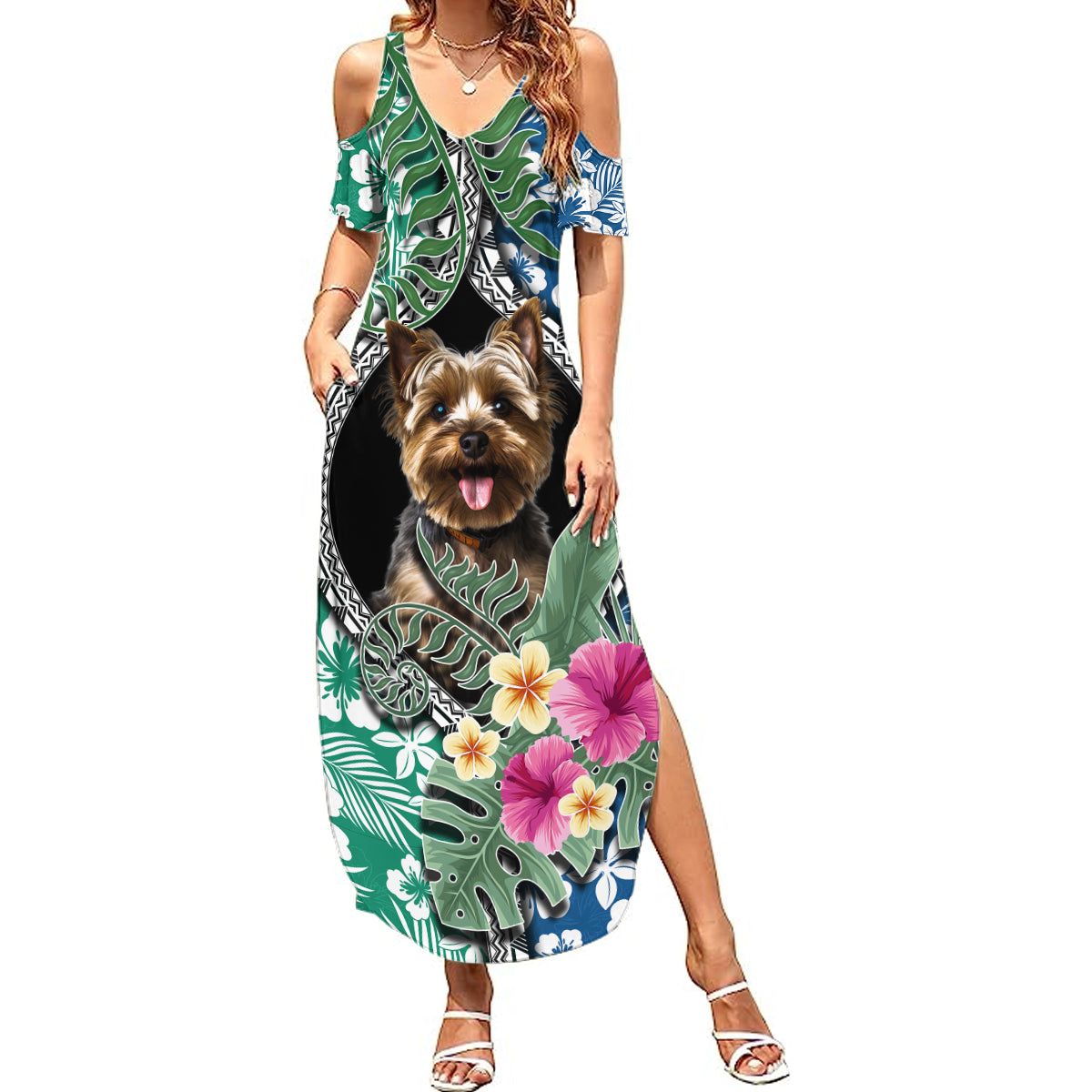 Polynesian Yorkshire Terrier Summer Maxi Dress Polynesian Pattern And Yorkshire Terrier - Wonder Print Shop