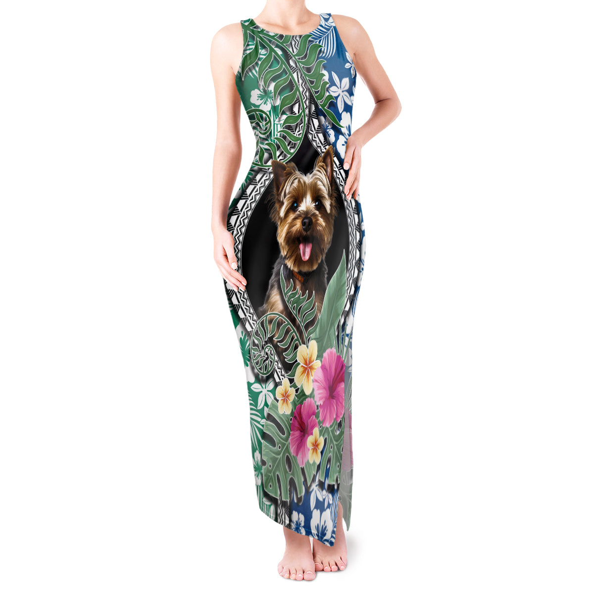 Polynesian Yorkshire Terrier Tank Maxi Dress Polynesian Pattern And Yorkshire Terrier - Wonder Print Shop