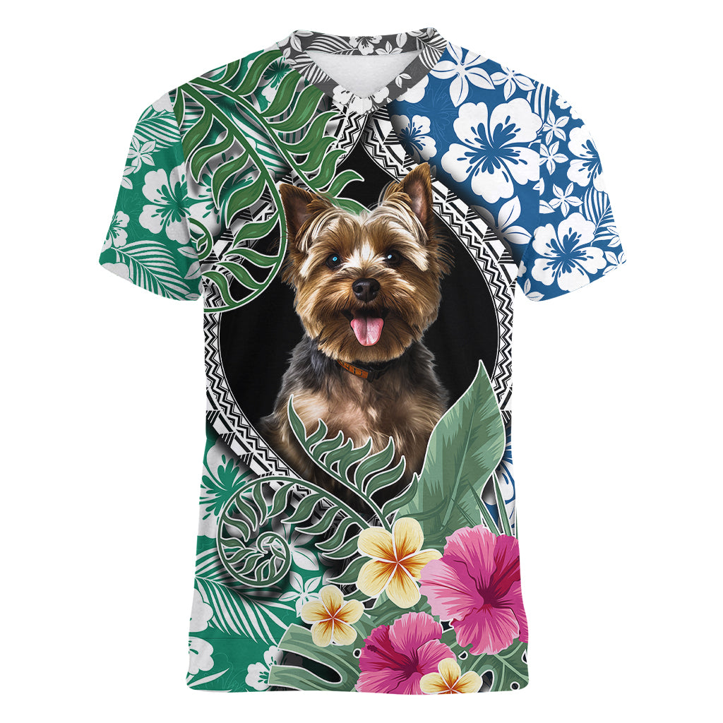 Polynesian Yorkshire Terrier Women V Neck T Shirt Polynesian Pattern And Yorkshire Terrier - Wonder Print Shop