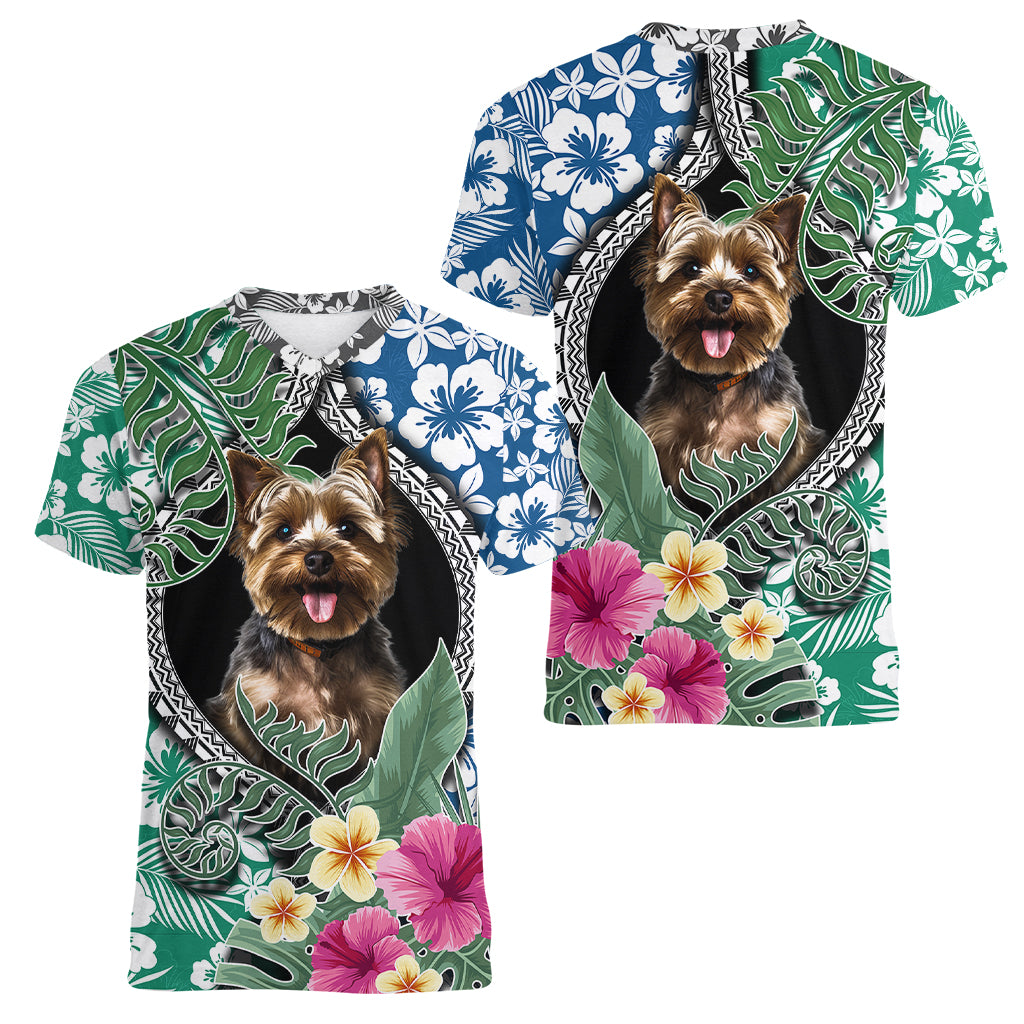 Polynesian Yorkshire Terrier Women V Neck T Shirt Polynesian Pattern And Yorkshire Terrier - Wonder Print Shop