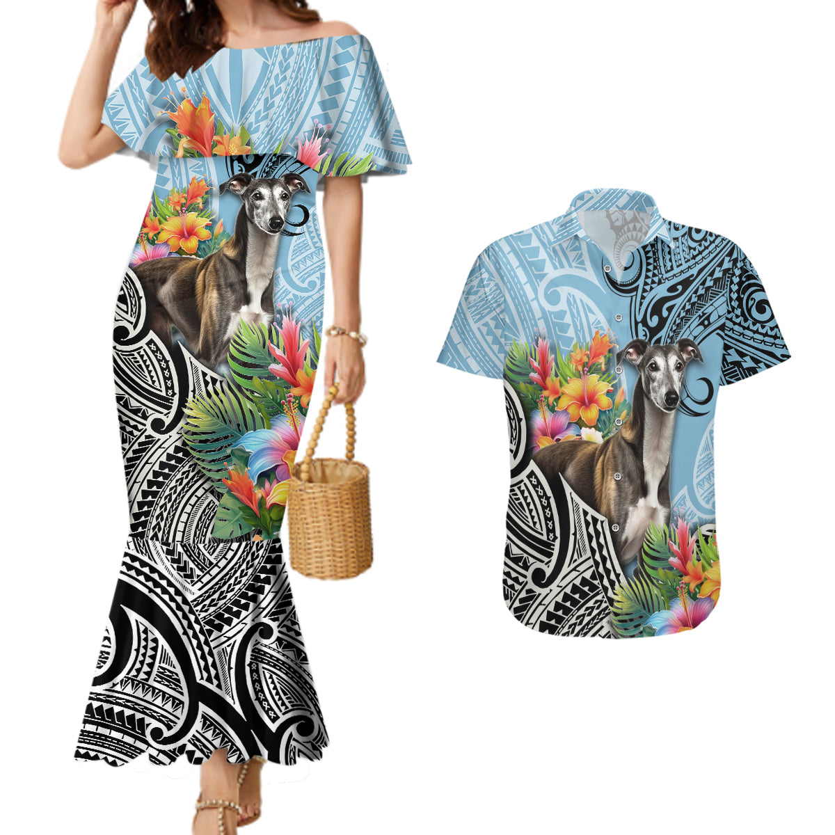 Polynesian Greyhound Couples Matching Mermaid Dress and Hawaiian Shirt Polynesian Pattern And Greyhound - Wonder Print Shop