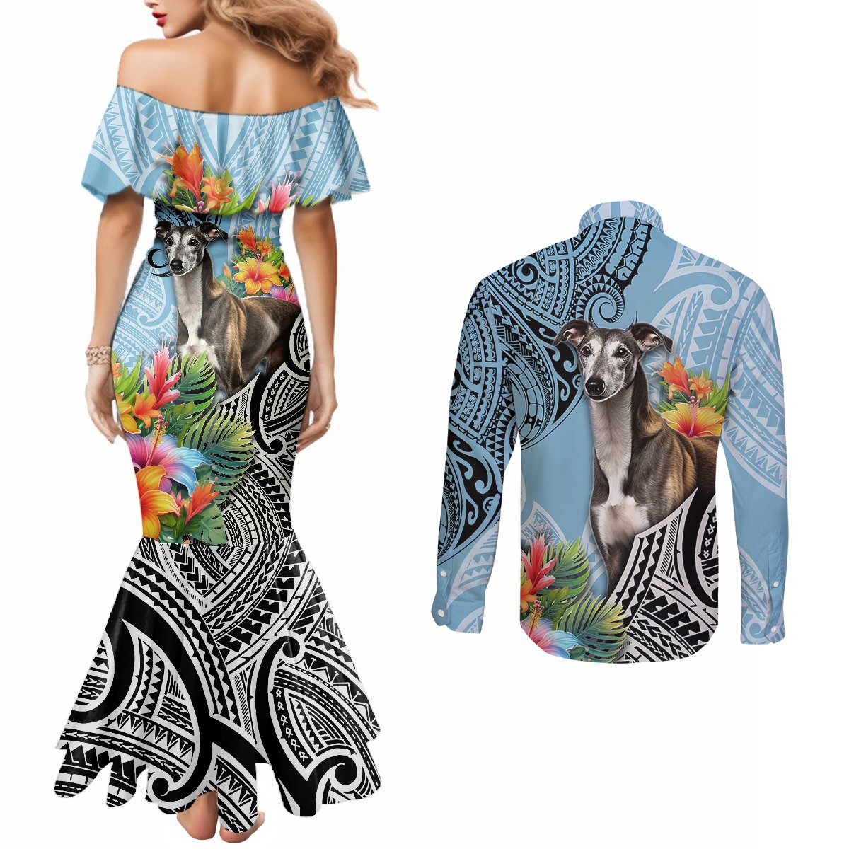 polynesian-greyhound-couples-matching-mermaid-dress-and-long-sleeve-button-shirts-polynesian-pattern-and-greyhound
