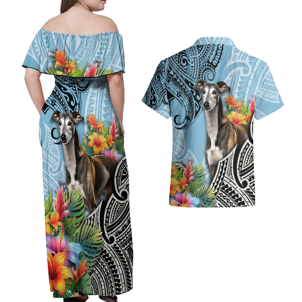 Polynesian Greyhound Couples Matching Off Shoulder Maxi Dress and Hawaiian Shirt Polynesian Pattern And Greyhound - Wonder Print Shop