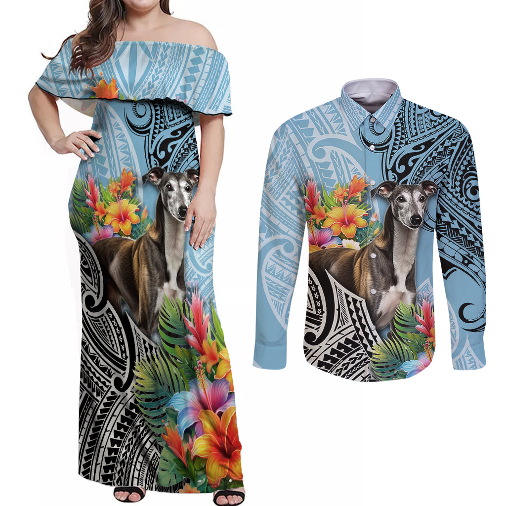 Polynesian Greyhound Couples Matching Off Shoulder Maxi Dress and Long Sleeve Button Shirts Polynesian Pattern And Greyhound - Wonder Print Shop