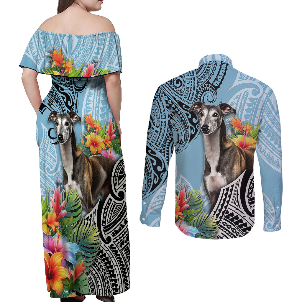 Polynesian Greyhound Couples Matching Off Shoulder Maxi Dress and Long Sleeve Button Shirts Polynesian Pattern And Greyhound - Wonder Print Shop