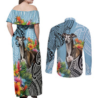 Polynesian Greyhound Couples Matching Off Shoulder Maxi Dress and Long Sleeve Button Shirts Polynesian Pattern And Greyhound - Wonder Print Shop