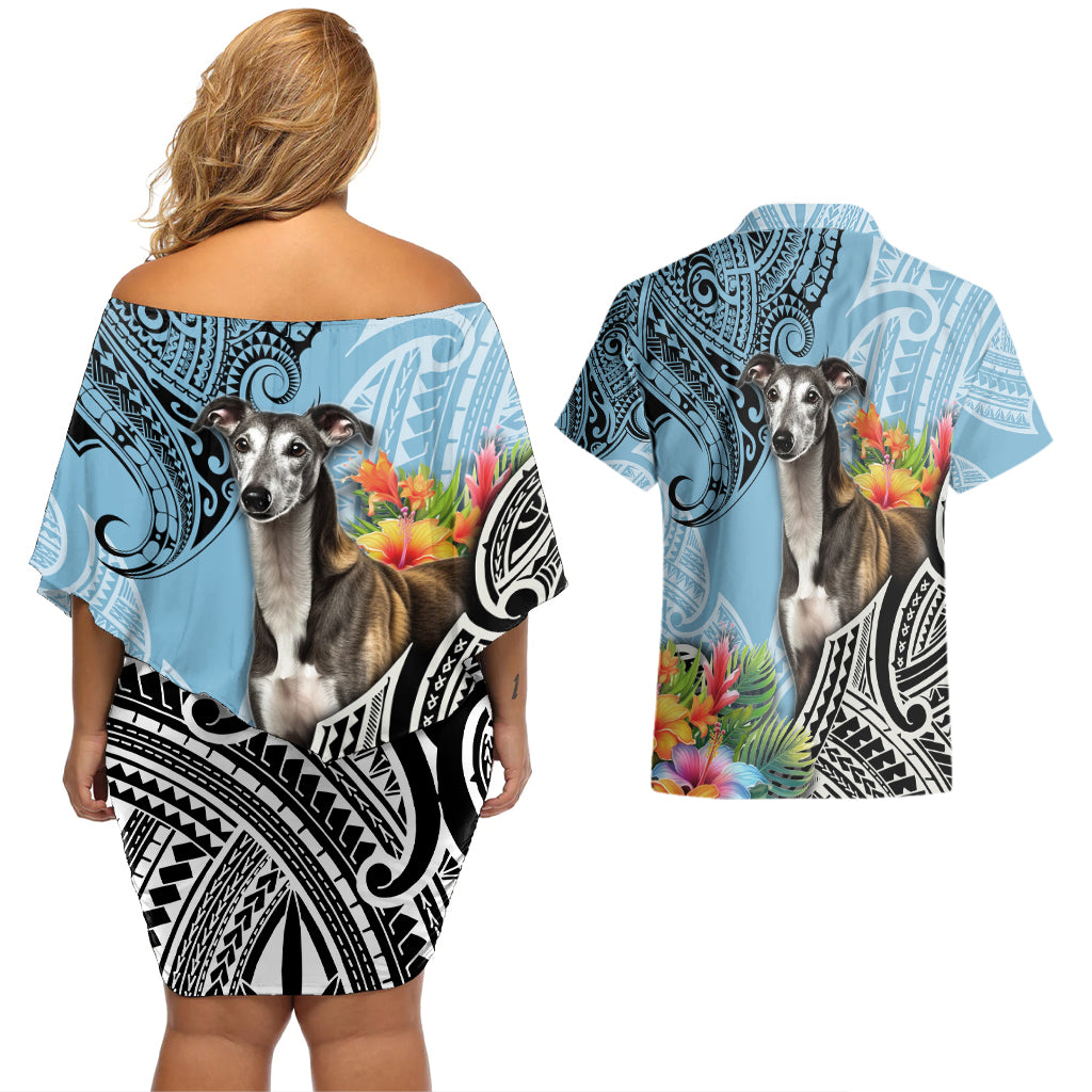 Polynesian Greyhound Couples Matching Off Shoulder Short Dress and Hawaiian Shirt Polynesian Pattern And Greyhound - Wonder Print Shop