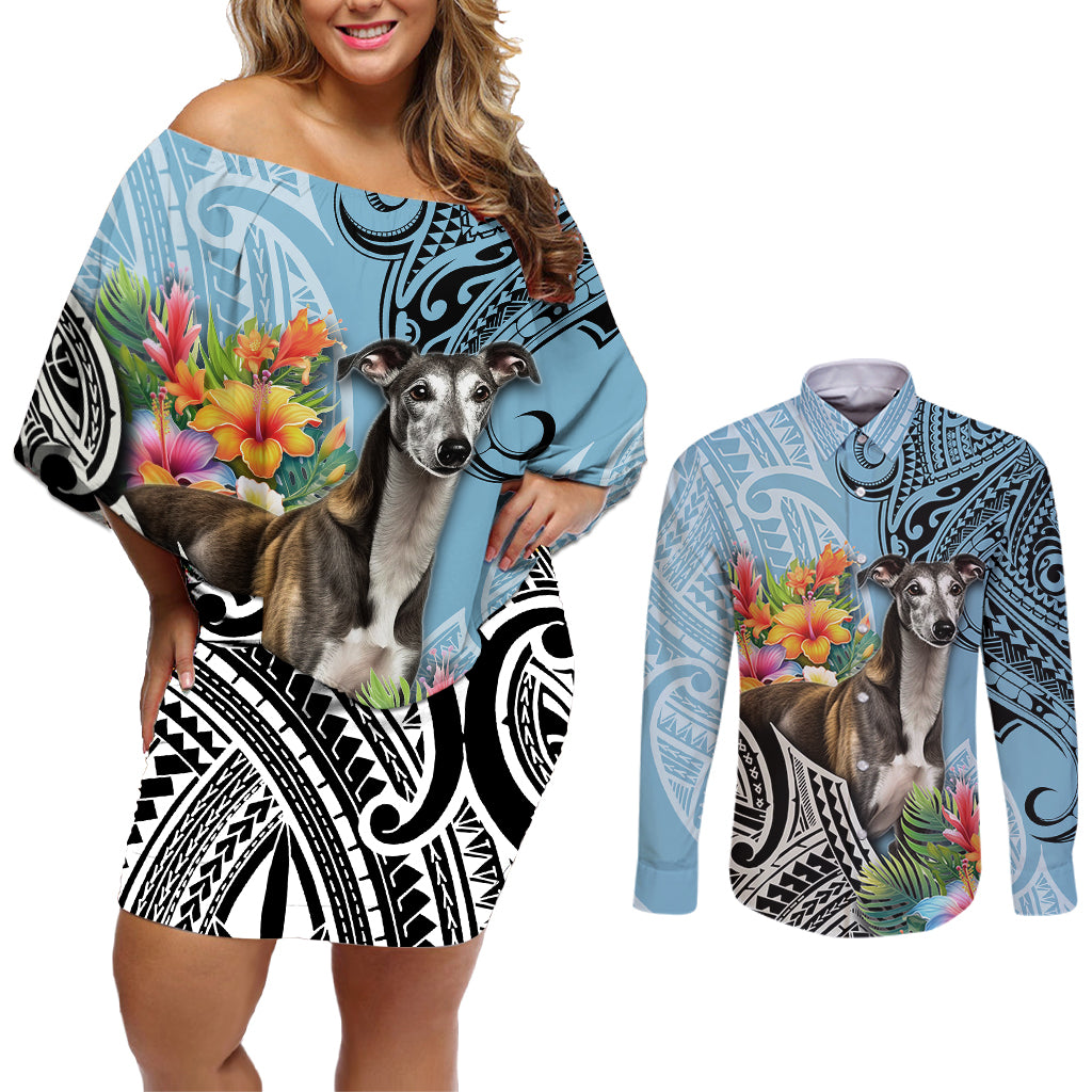 Polynesian Greyhound Couples Matching Off Shoulder Short Dress and Long Sleeve Button Shirts Polynesian Pattern And Greyhound - Wonder Print Shop