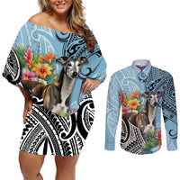 Off-shoulder short dress and long-sleeve button shirt in light cyan with dog floral print