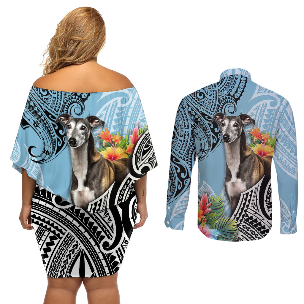 Back view off-shoulder short dress and long-sleeve button shirt in cyan with dog floral print