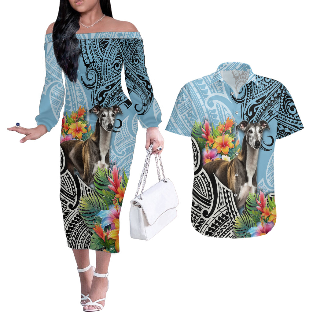 Polynesian Greyhound Couples Matching Off The Shoulder Long Sleeve Dress and Hawaiian Shirt Polynesian Pattern And Greyhound - Wonder Print Shop