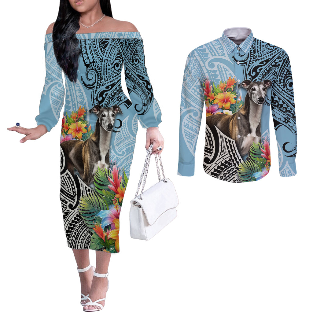 polynesian-greyhound-couples-matching-off-the-shoulder-long-sleeve-dress-and-long-sleeve-button-shirts-polynesian-pattern-and-greyhound