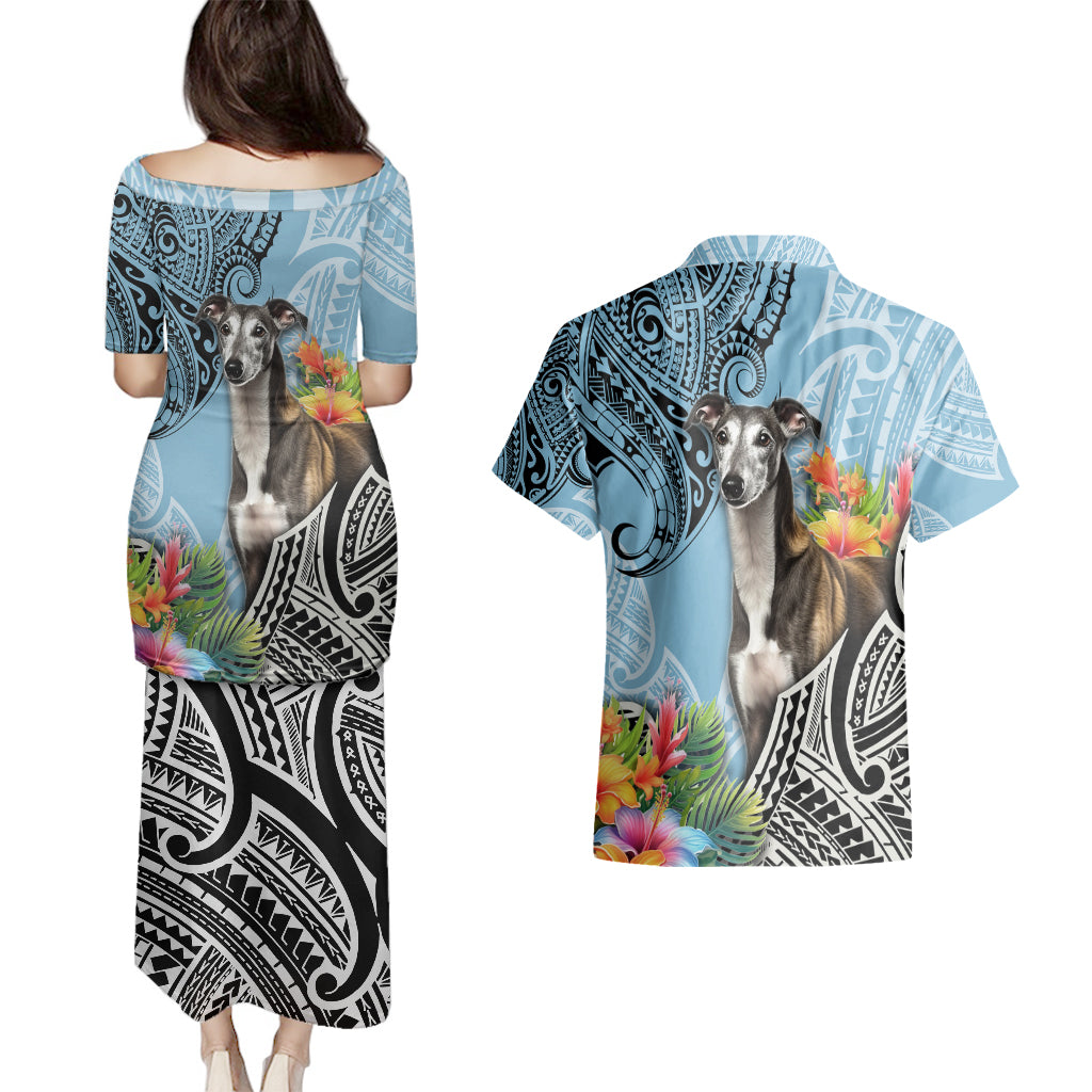 Polynesian Greyhound Couples Matching Puletasi Dress and Hawaiian Shirt Polynesian Pattern And Greyhound - Wonder Print Shop