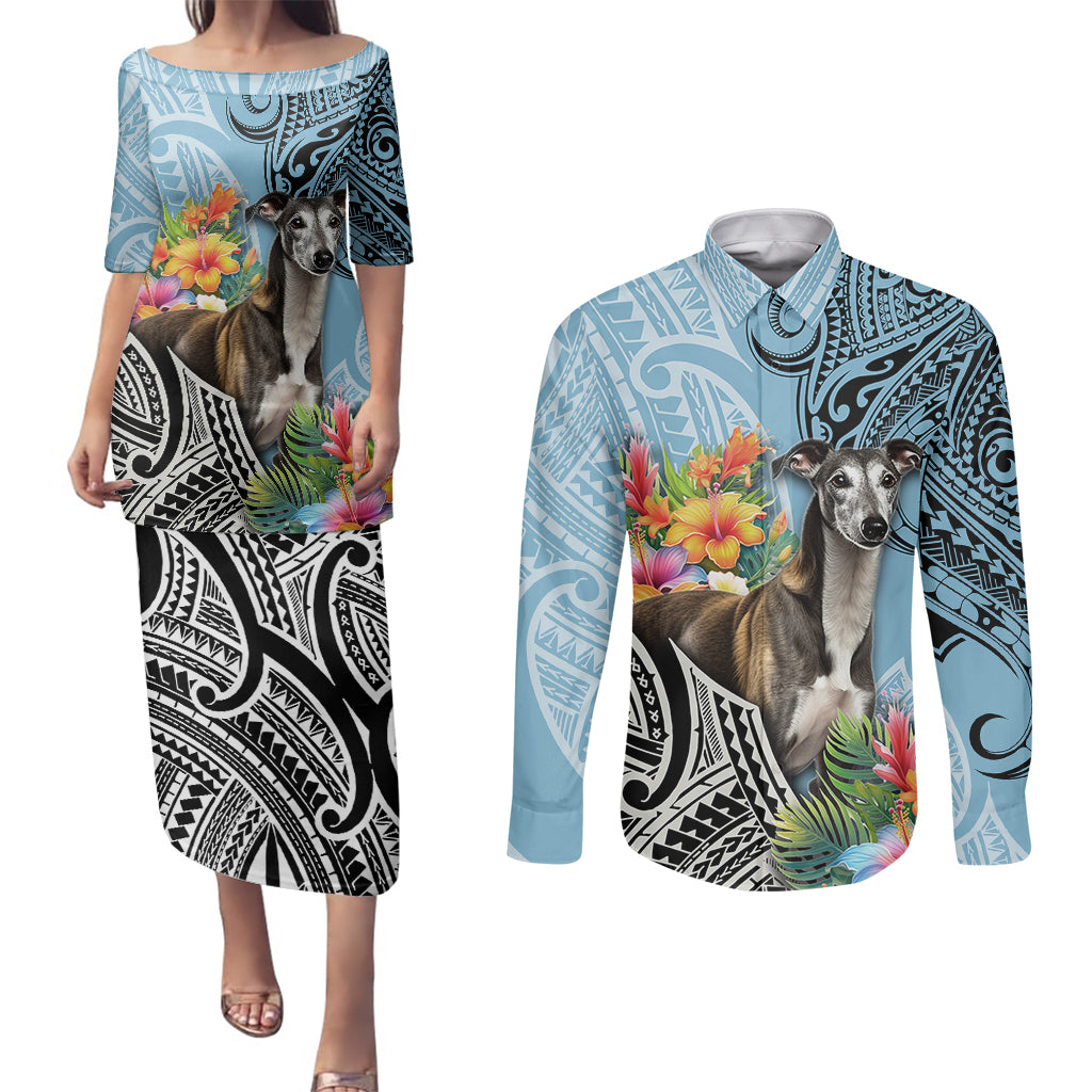 Polynesian Greyhound Couples Matching Puletasi Dress and Long Sleeve Button Shirts Polynesian Pattern And Greyhound - Wonder Print Shop