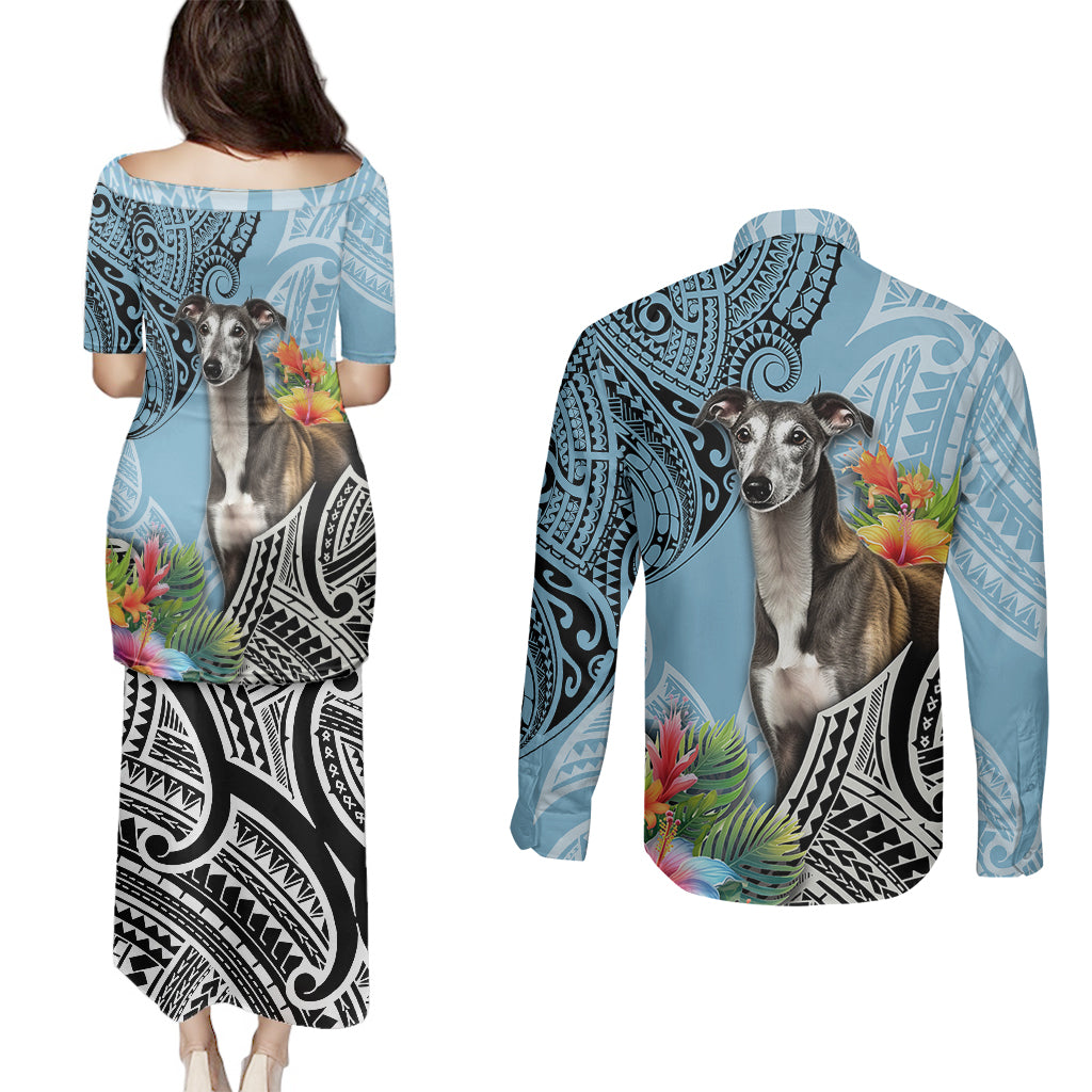 Polynesian Greyhound Couples Matching Puletasi Dress and Long Sleeve Button Shirts Polynesian Pattern And Greyhound - Wonder Print Shop