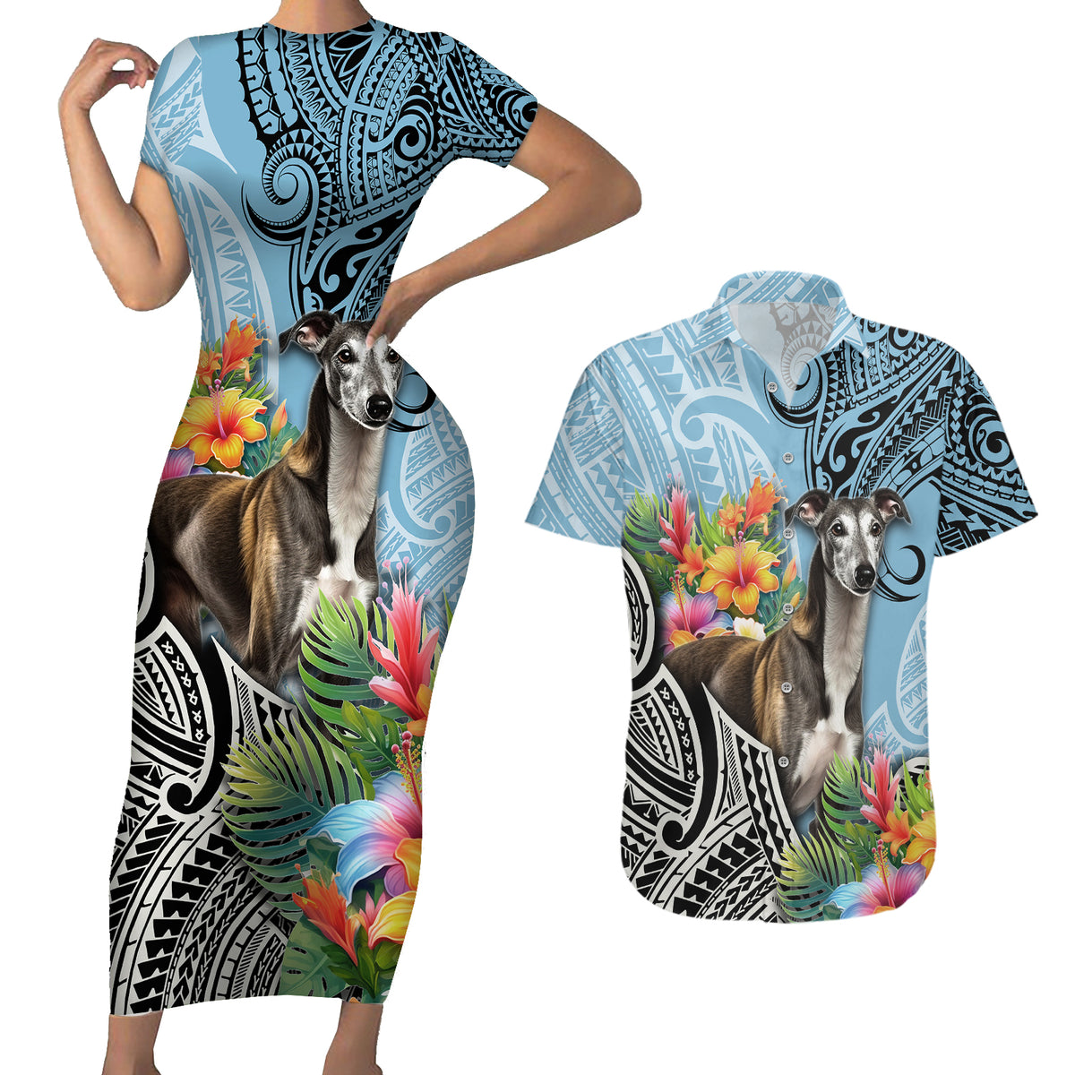 Polynesian Greyhound Couples Matching Short Sleeve Bodycon Dress and Hawaiian Shirt Polynesian Pattern And Greyhound - Wonder Print Shop