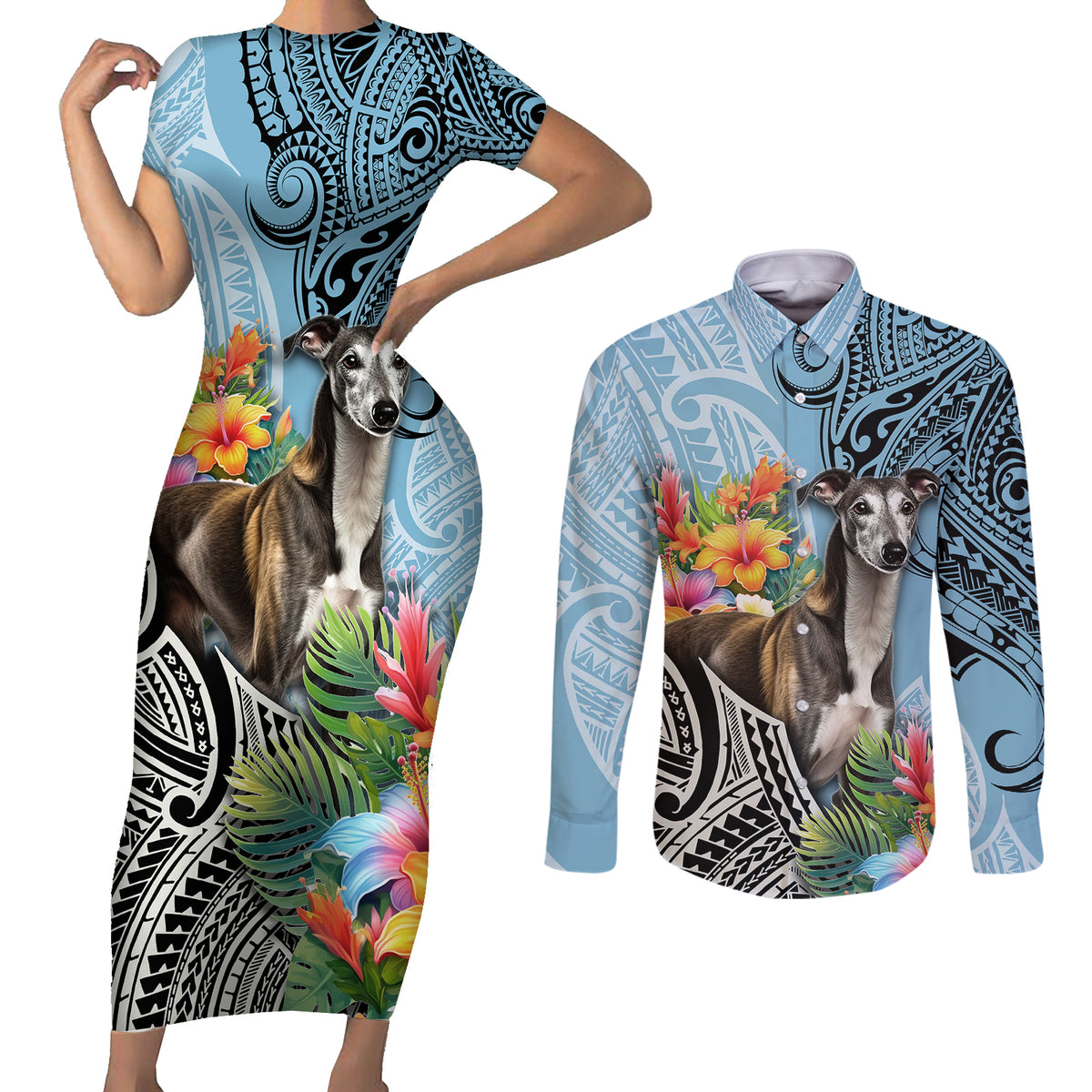 Polynesian Greyhound Couples Matching Short Sleeve Bodycon Dress and Long Sleeve Button Shirts Polynesian Pattern And Greyhound - Wonder Print Shop
