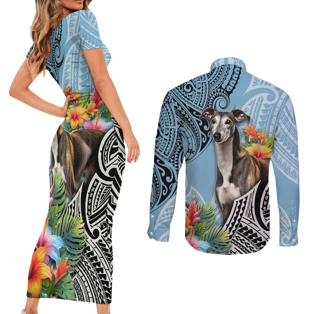 Polynesian Greyhound Couples Matching Short Sleeve Bodycon Dress and Long Sleeve Button Shirts Polynesian Pattern And Greyhound - Wonder Print Shop