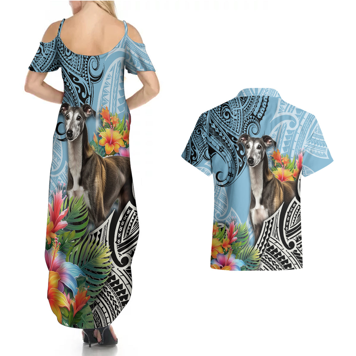 Polynesian Greyhound Couples Matching Summer Maxi Dress and Hawaiian Shirt Polynesian Pattern And Greyhound - Wonder Print Shop
