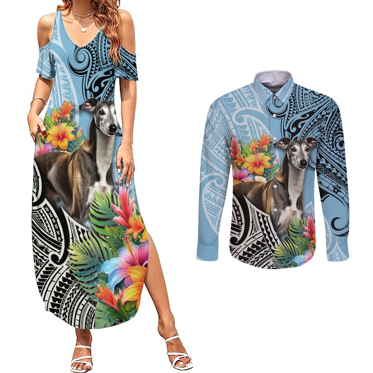 Polynesian Greyhound Couples Matching Summer Maxi Dress and Long Sleeve Button Shirts Polynesian Pattern And Greyhound - Wonder Print Shop