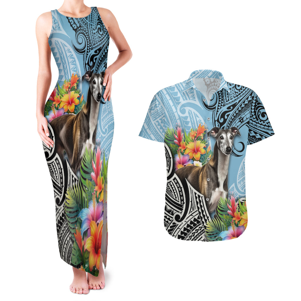 Polynesian Greyhound Couples Matching Tank Maxi Dress and Hawaiian Shirt Polynesian Pattern And Greyhound - Wonder Print Shop