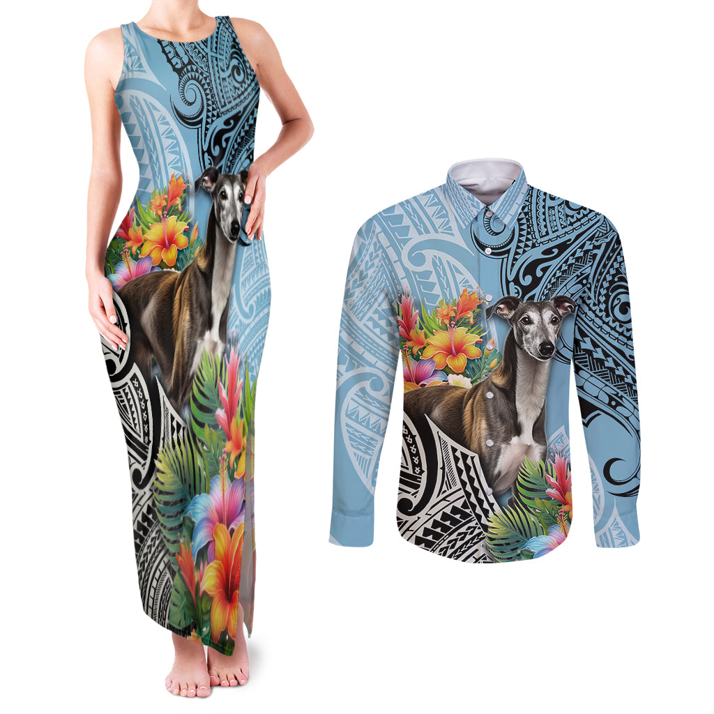 Polynesian Greyhound Couples Matching Tank Maxi Dress and Long Sleeve Button Shirts Polynesian Pattern And Greyhound - Wonder Print Shop