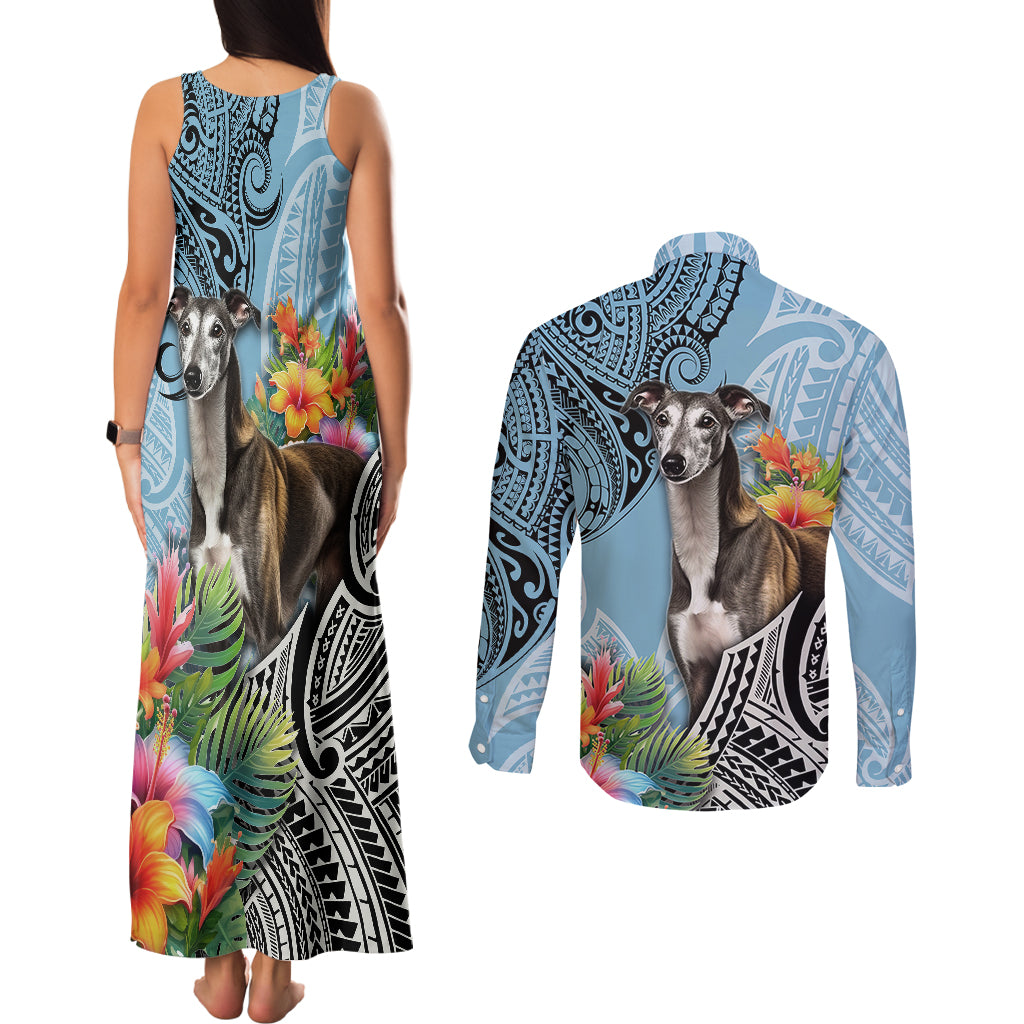 Polynesian Greyhound Couples Matching Tank Maxi Dress and Long Sleeve Button Shirts Polynesian Pattern And Greyhound - Wonder Print Shop