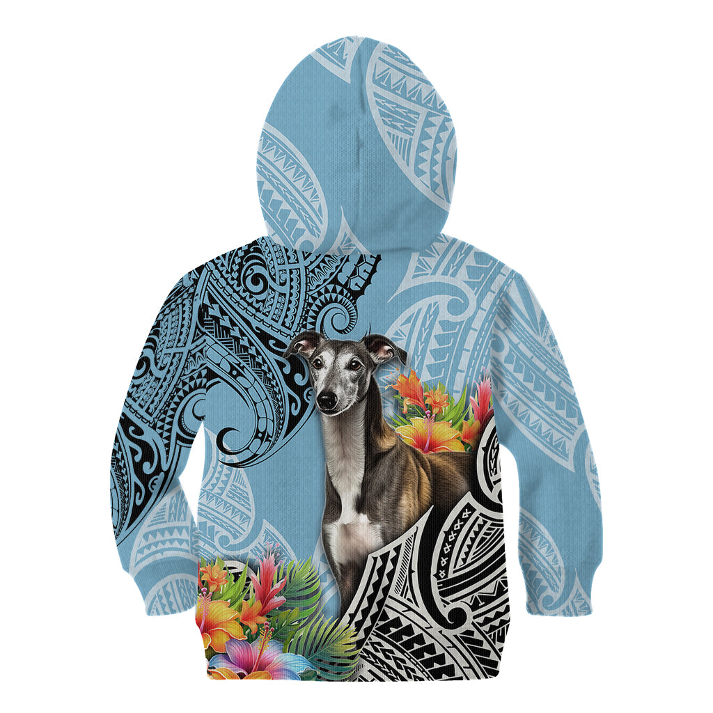 Kids cyan pullover hoodie with dog graphic and Polynesian-style black motifs on sleeves