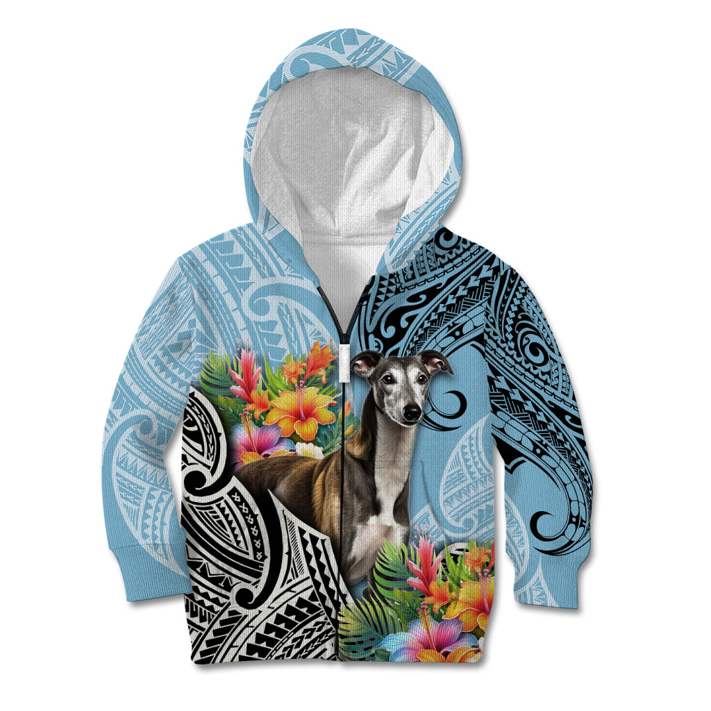 Kids cyan zip hoodie with dog graphic, black tribal design, and colorful flower print