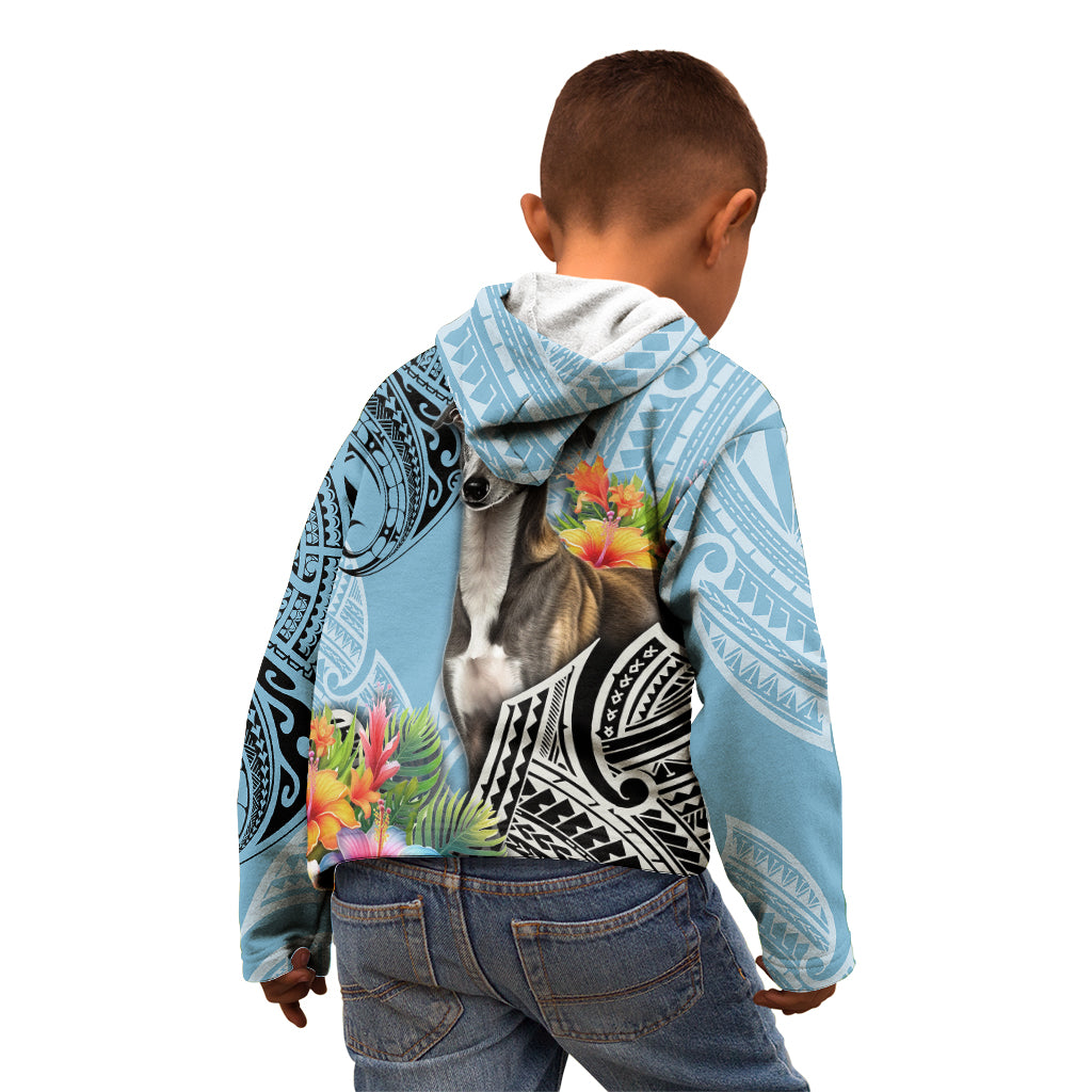 Kids cyan pullover hoodie with dog graphic, black tribal patterns, and colorful flowers