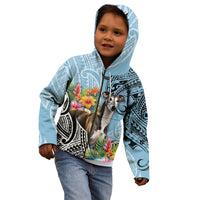 Kids cyan pullover hoodie with dog portrait, black tribal swirls, and flower accents