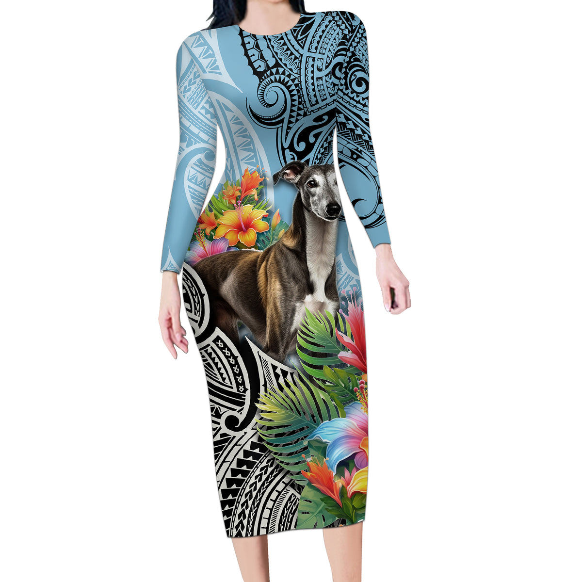 Polynesian Greyhound Long Sleeve Bodycon Dress Polynesian Pattern And Greyhound - Wonder Print Shop