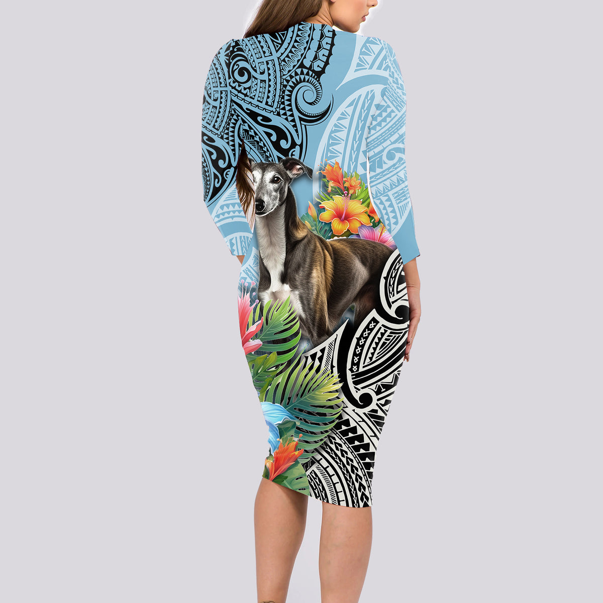 Polynesian Greyhound Long Sleeve Bodycon Dress Polynesian Pattern And Greyhound - Wonder Print Shop