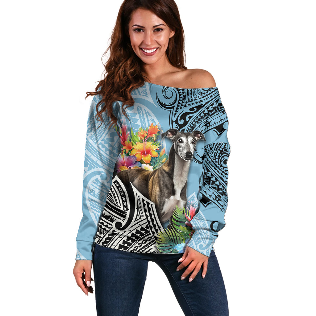 Polynesian Greyhound Off Shoulder Sweater Polynesian Pattern And Greyhound - Wonder Print Shop