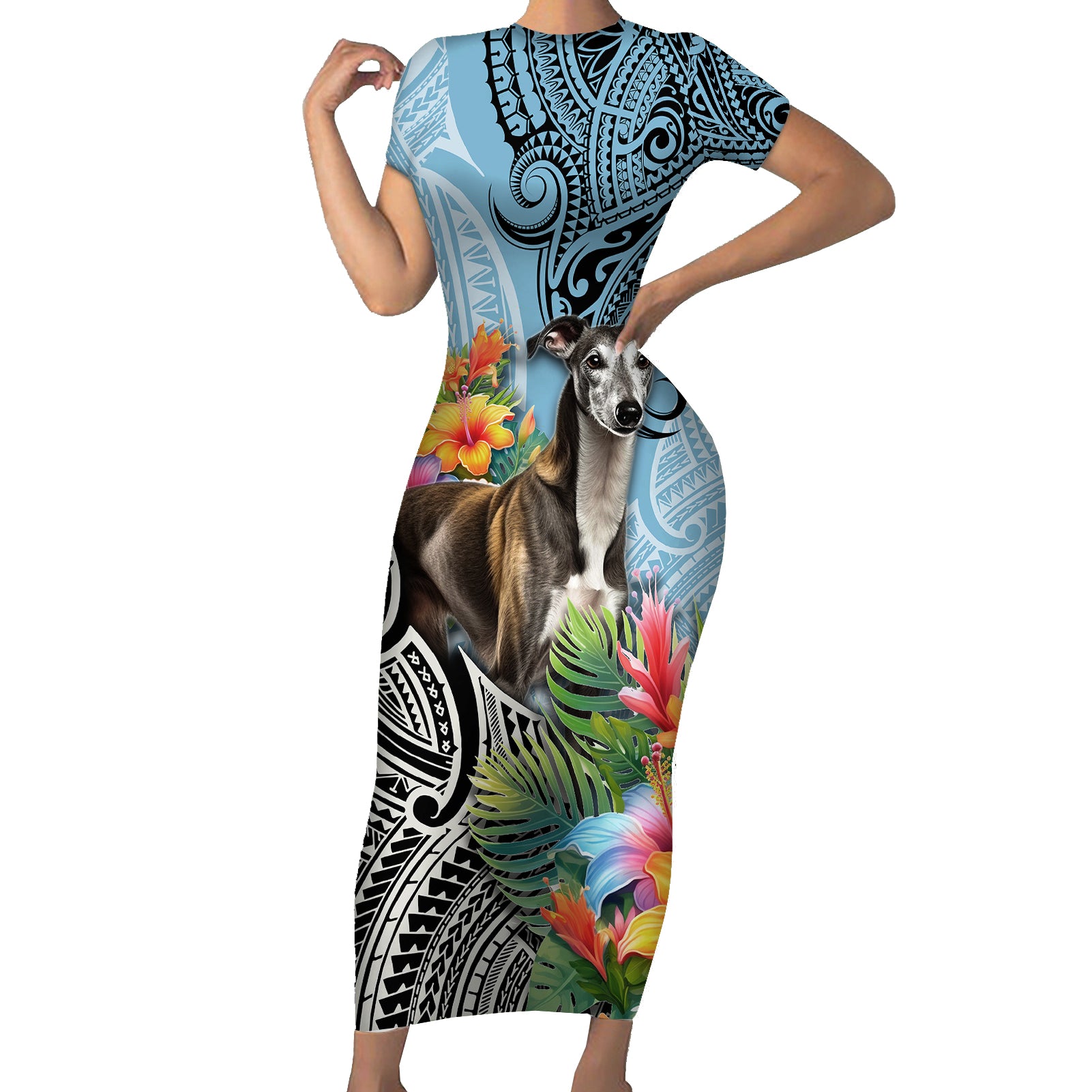 Polynesian Greyhound Short Sleeve Bodycon Dress Polynesian Pattern And Greyhound - Wonder Print Shop