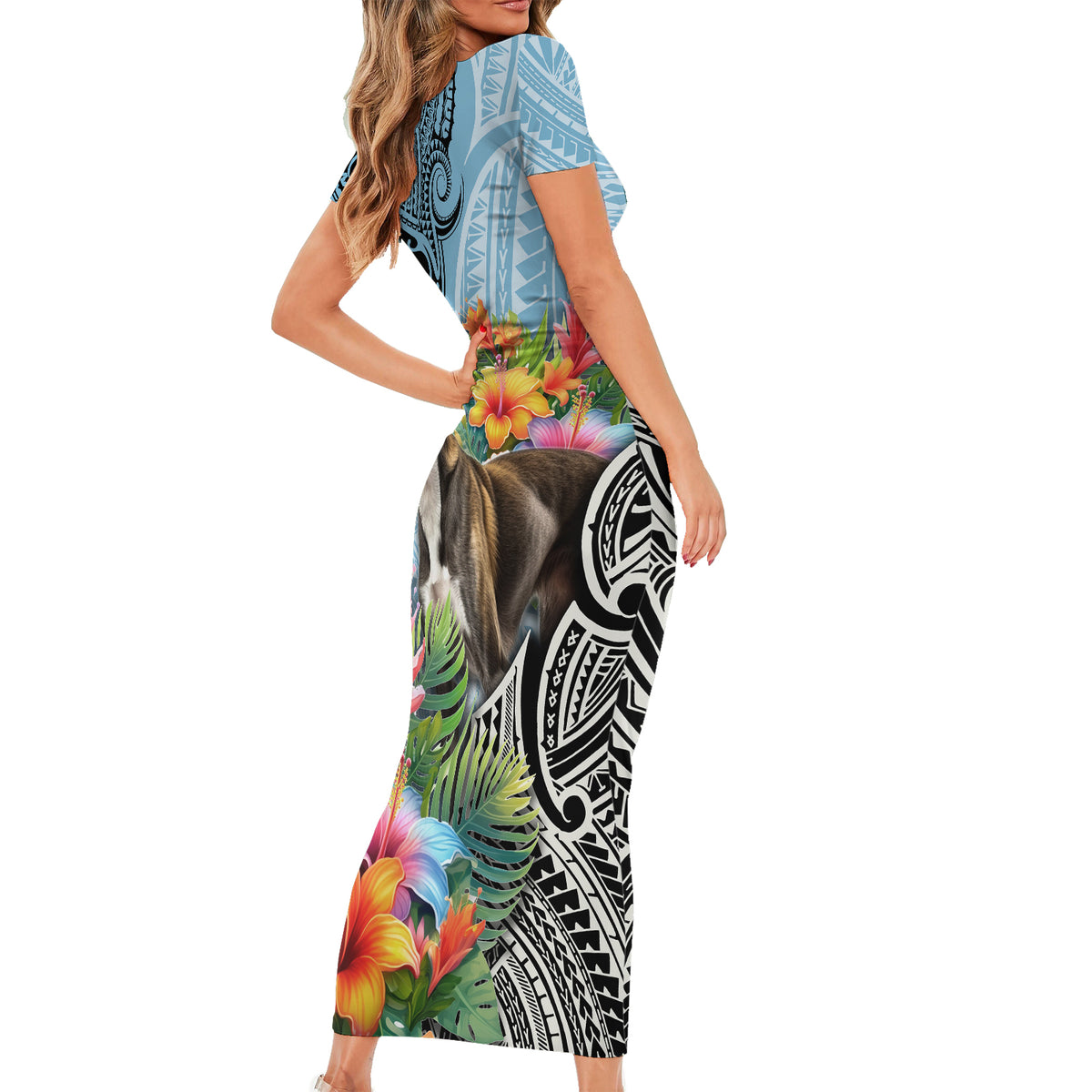 Polynesian Greyhound Short Sleeve Bodycon Dress Polynesian Pattern And Greyhound - Wonder Print Shop