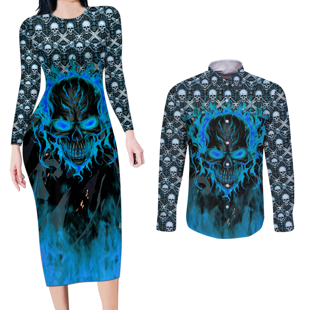Fire Skull Couples Matching Long Sleeve Bodycon Dress and Long Sleeve Button Shirts Of Course I'm Going To Hell I'm Just Here To Pick You Up - Wonder Print Shop
