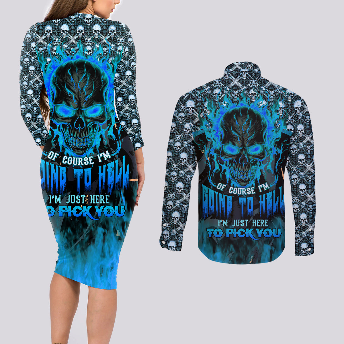 Fire Skull Couples Matching Long Sleeve Bodycon Dress and Long Sleeve Button Shirts Of Course I'm Going To Hell I'm Just Here To Pick You Up - Wonder Print Shop