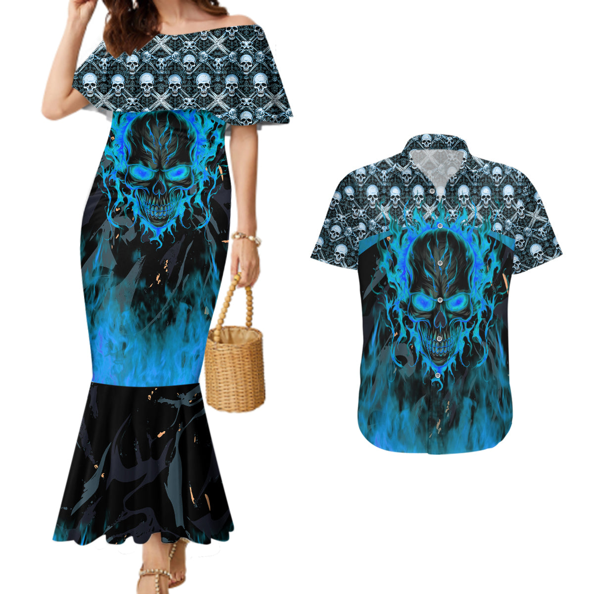 Fire Skull Couples Matching Mermaid Dress and Hawaiian Shirt Of Course I'm Going To Hell I'm Just Here To Pick You Up - Wonder Print Shop