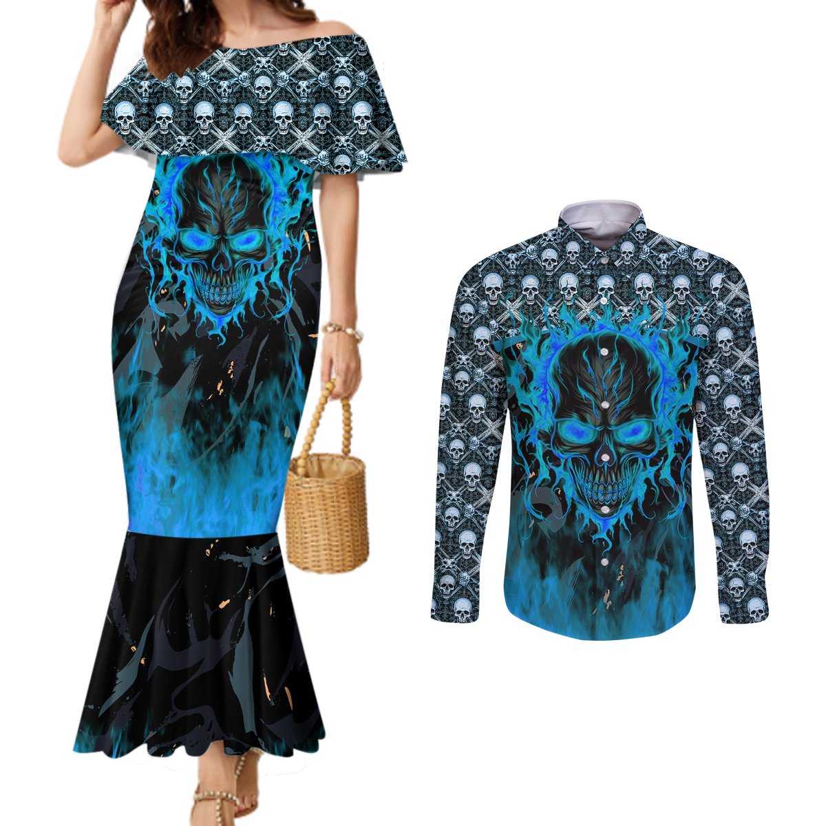 fire-skull-couples-matching-mermaid-dress-and-long-sleeve-button-shirts-of-course-im-going-to-hell-im-just-here-to-pick-you-up